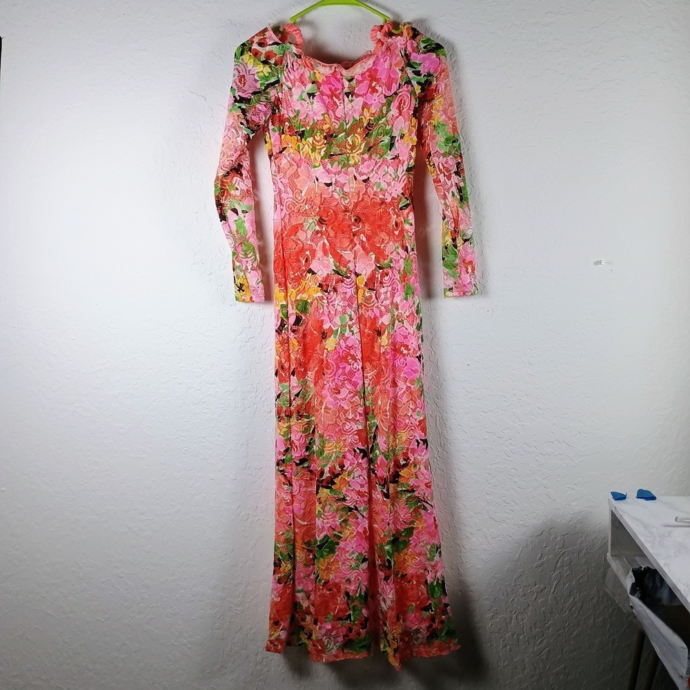 Marina Floral Lace Overlay Maxi Dress XS Pink Red Stretch Lined Made USA - Picture 6 of 13